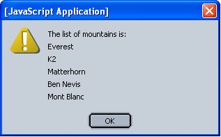 Alert box containing output of list of five mountain names