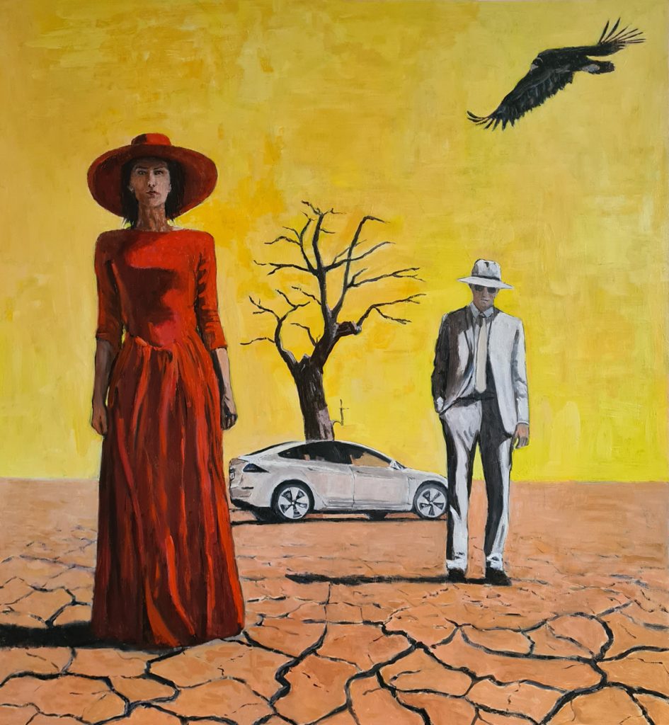 Desert. A barren tree and a Tesla car. A vulture flies overhead. A woman in a red dress stands with her back to a man in a white suit and Panama hat. 