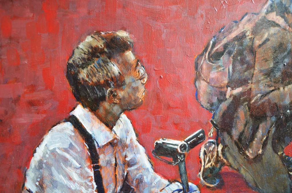 A detail from an oil painting in which a journalist is holding a small digital camera
