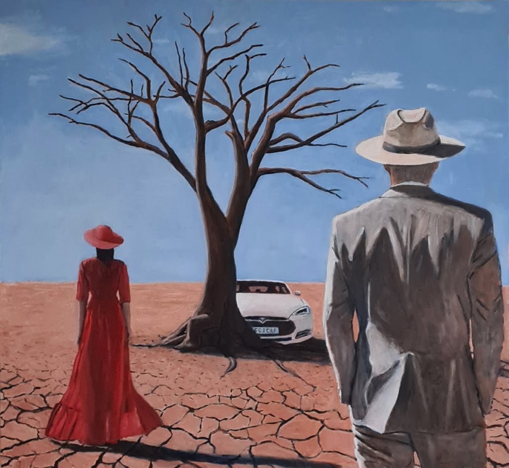 Desert. A barren tree and a Tesla car. A woman in a red dress stands with her back to a man in a white suit and Panama hat. 