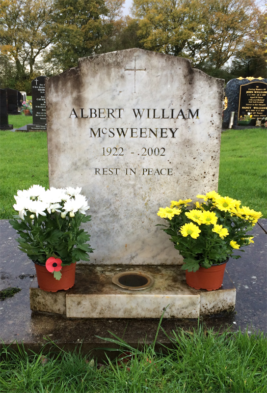 A headstone bearing the epitaph for Albert McSweeney, Hatfield, Hertfordshire
