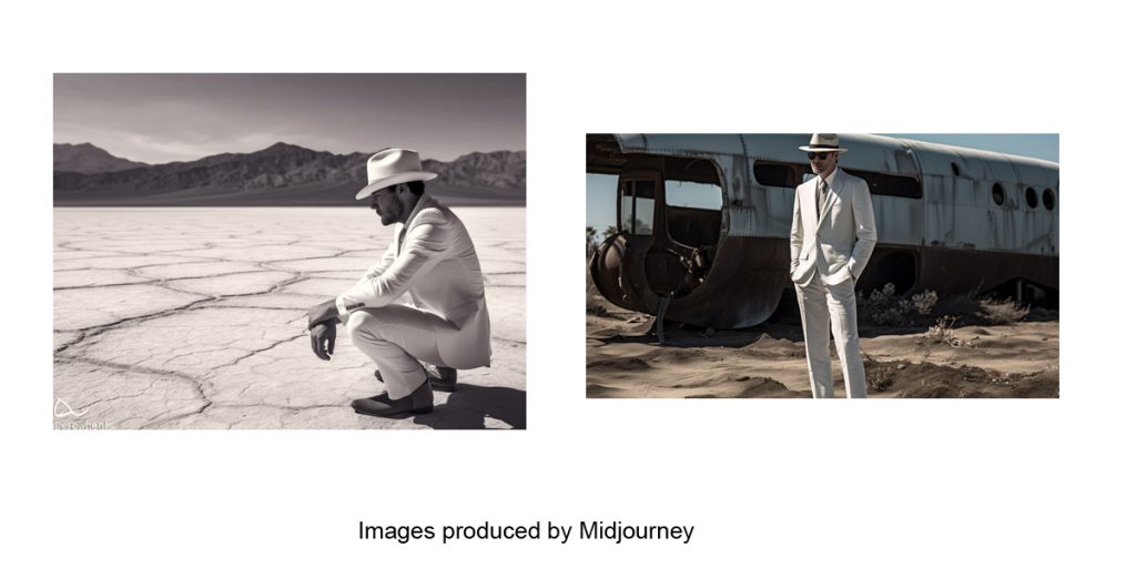 Two images generated by Midjourney of men in white suits
