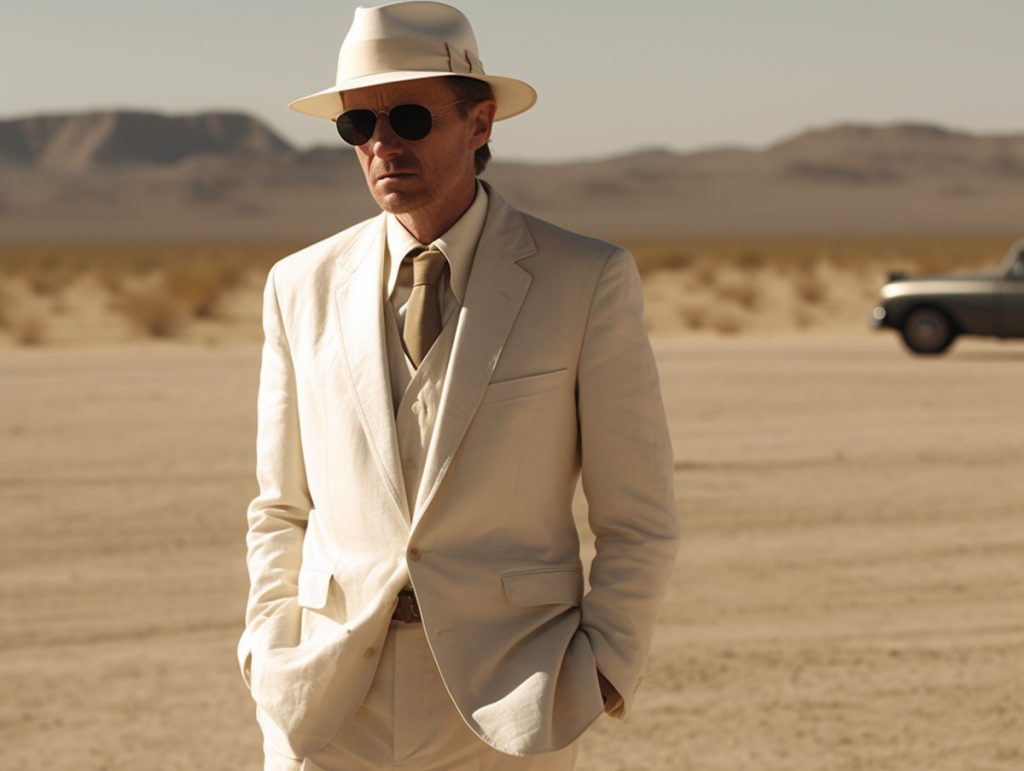 A man in a white suit, a Panama hat, and sunglasses