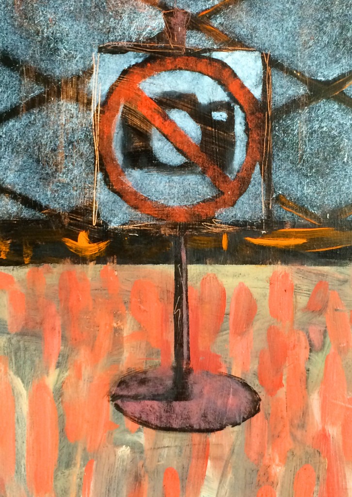 A detail from a painting depicting a no photography sign