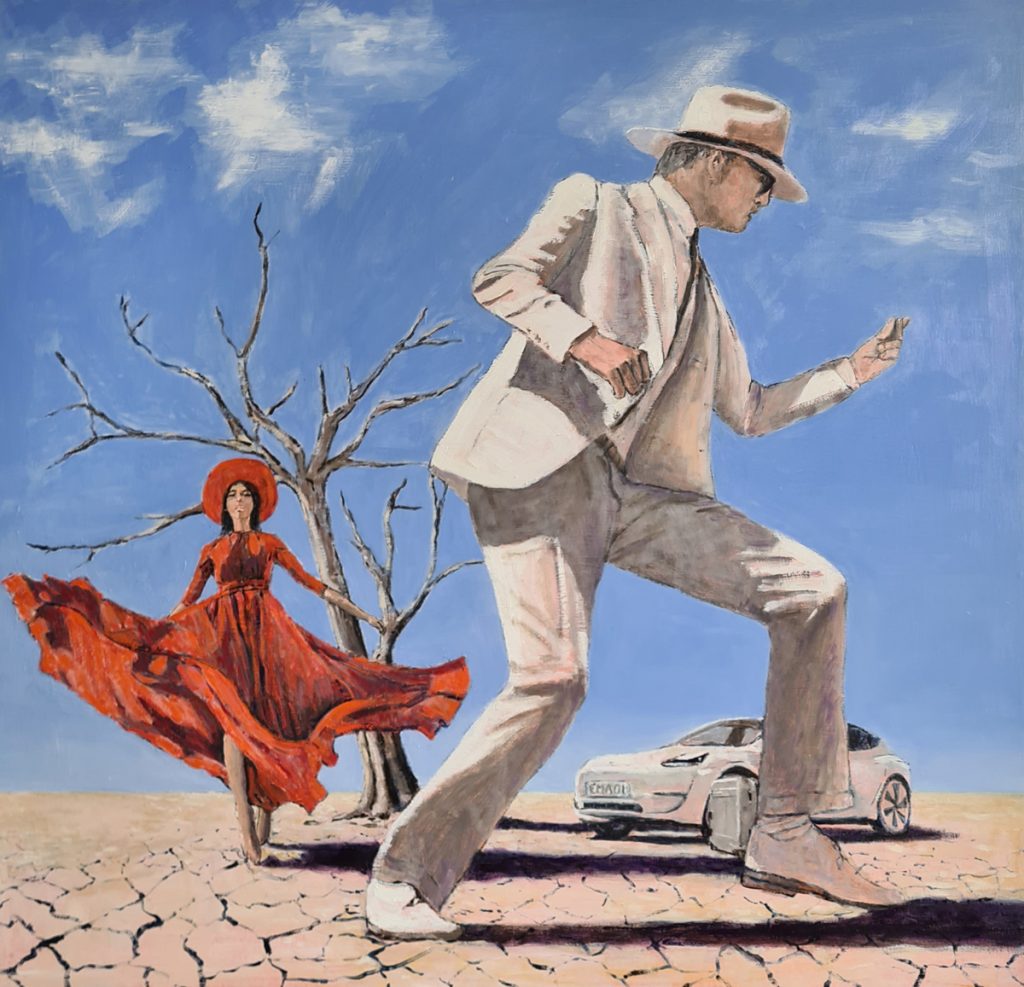 Desert. A barren tree and a Tesla car. A woman in a red dress a man in a white suit and Panama hat. Both are dancing.