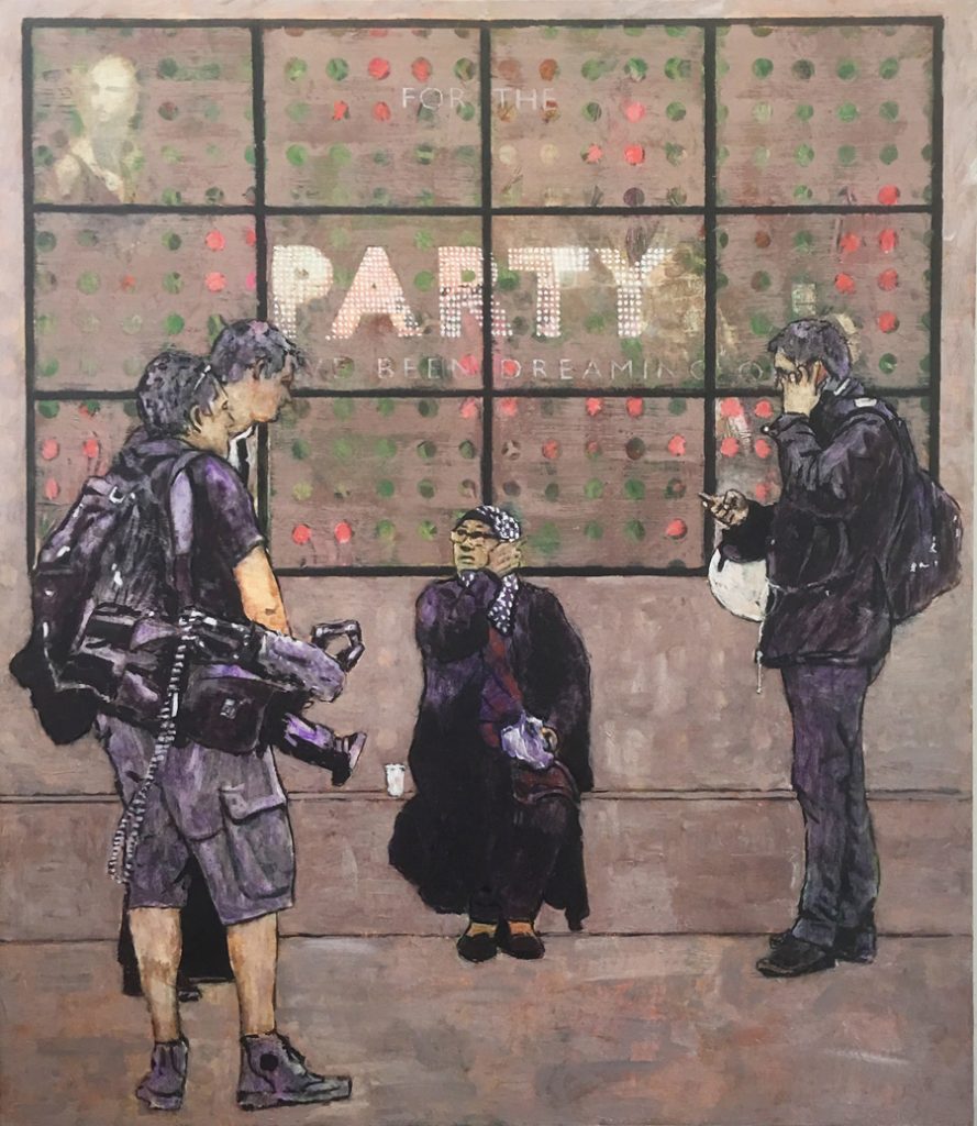 A painting of journalists interviewing a woman at the time of the Grenfell Fire