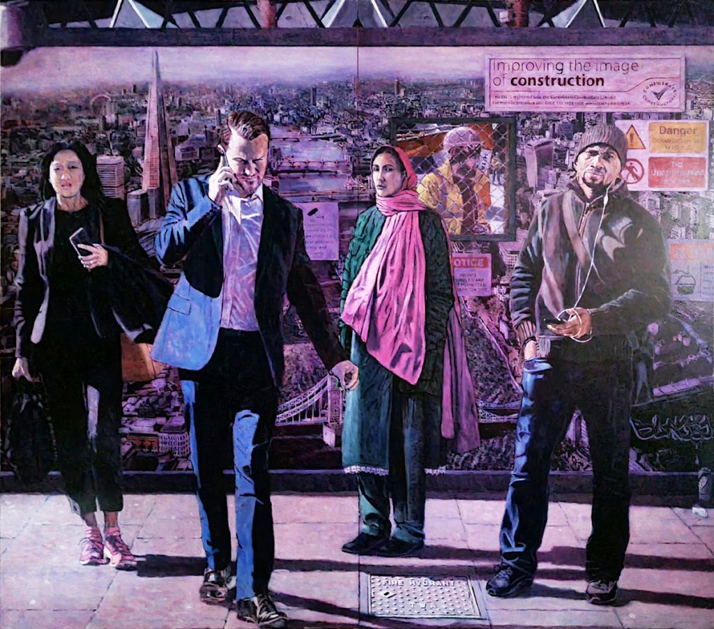 Four people stand in front of a construction site hoarding covered by a panoramic picture of London
