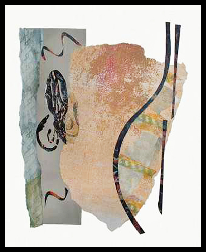 a paper collage depicting abstracted forms including an octopus