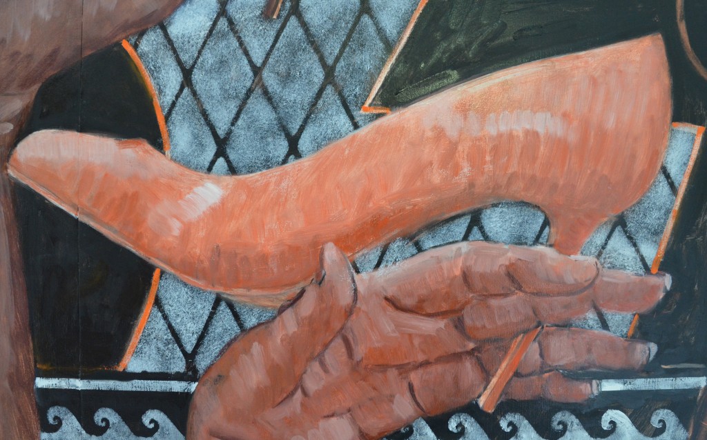 A detail from an oil painting of a woman's hand holding a shoe