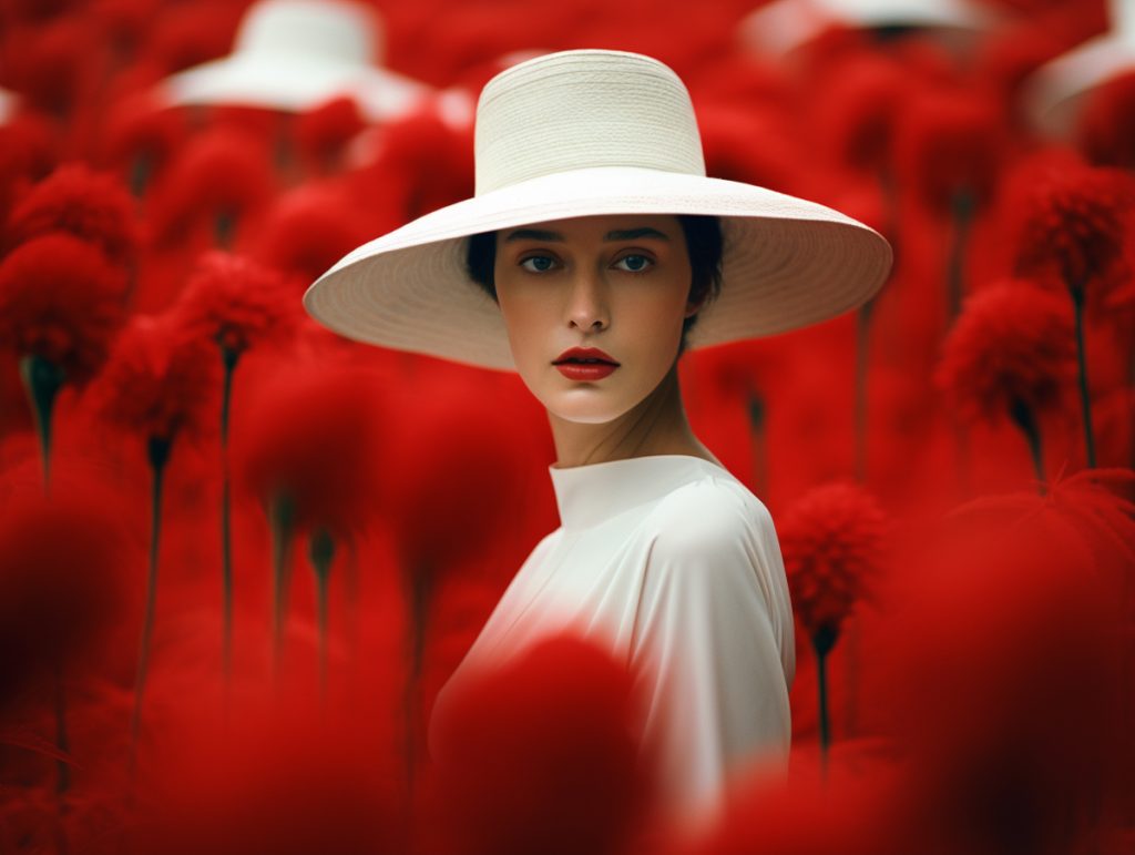 A woman in a white dress and hat standing in a field of red flowers