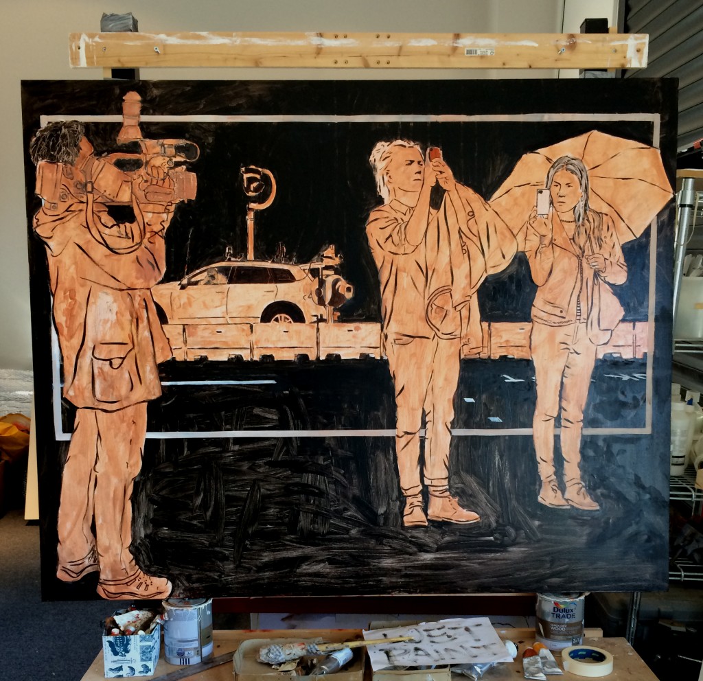 An early stage of a painting of figures holding cameras