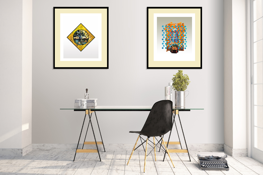 Two framed prints mounted on a wall behind and desk and a chair.
