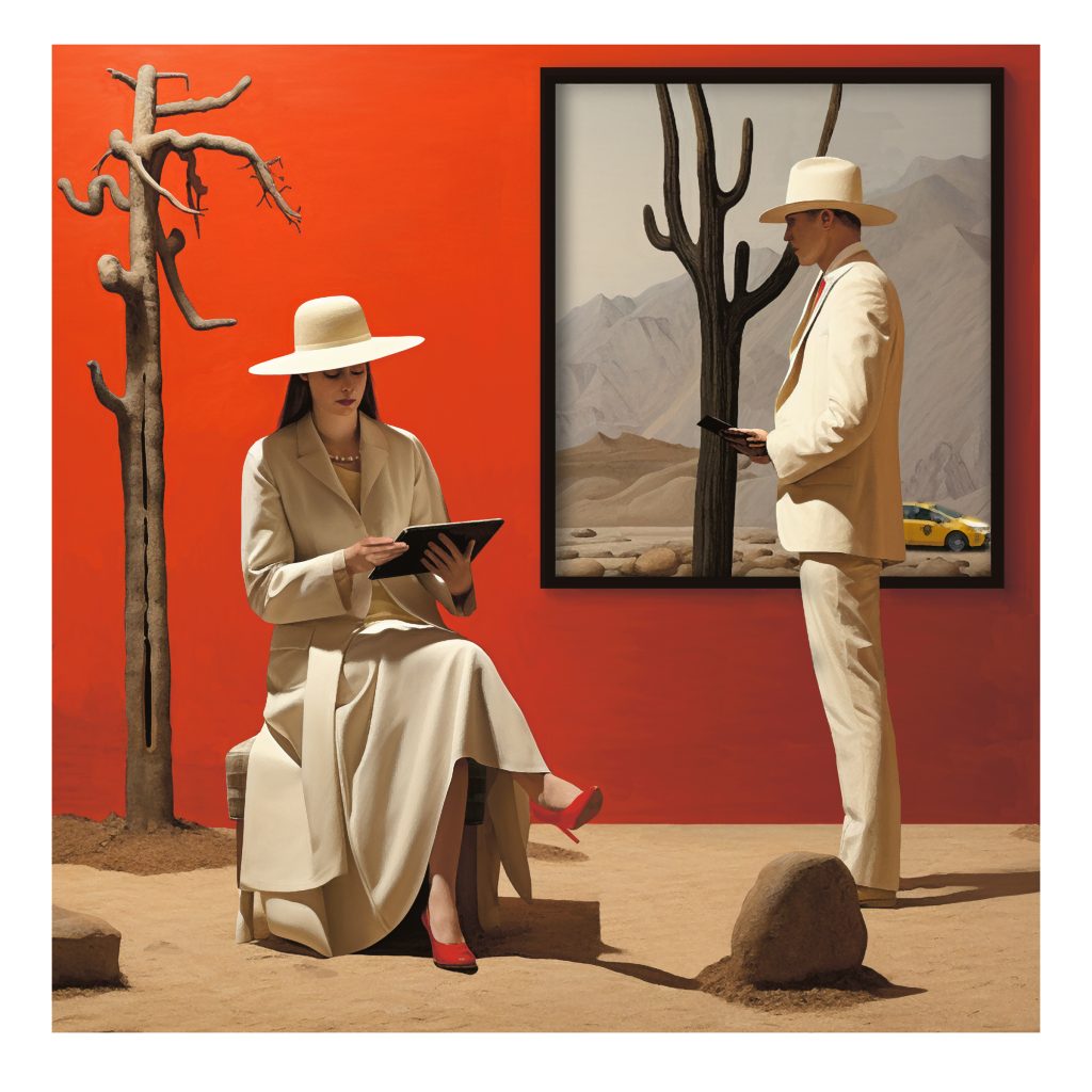 An art museum displays a tree sculpture and a landscape painting featuring a cactus tree and a yellow taxi. In the gallery, a woman is seated studying a reading tablet, while a man stands in profile.